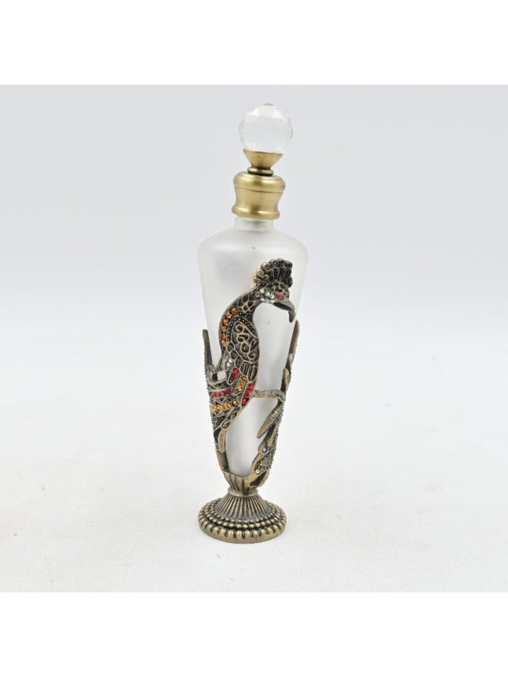 Jeweled Peacock Perfume Bottle Rhinestones Frosted Glass Art Deco Vintage